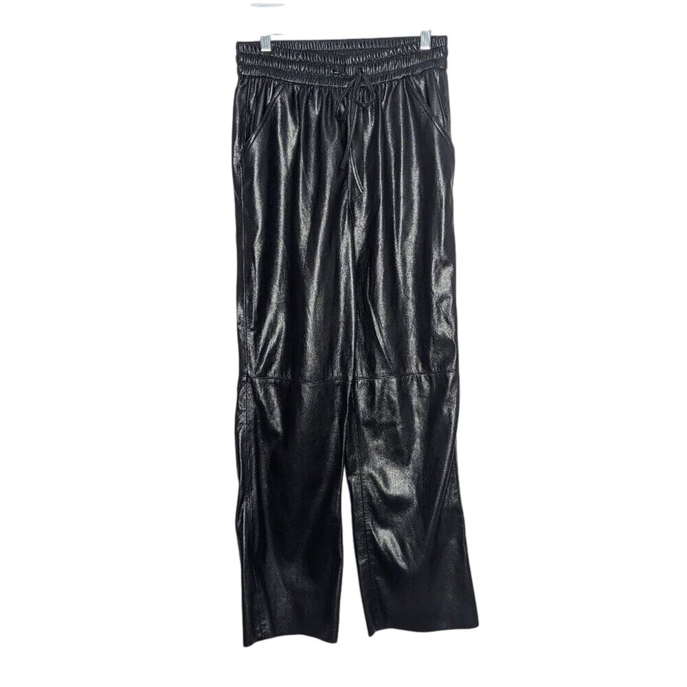 Good American Black Wide Leg Faux Leather Pants Drawstring Waist Pockets Size M